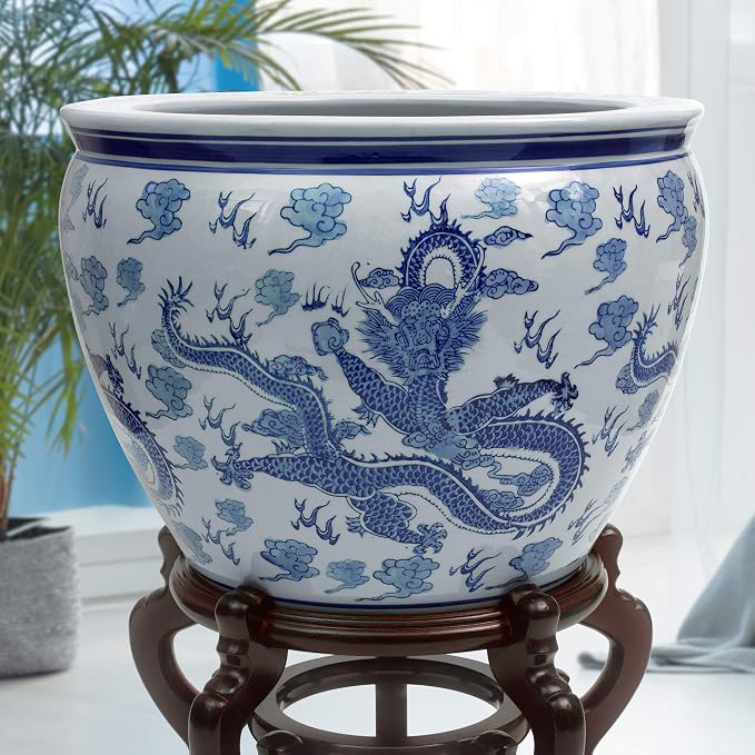 Red Lantern 14" Dragon Blue & White Porcelain Fishbowl Planter or Cachepot - Image 8