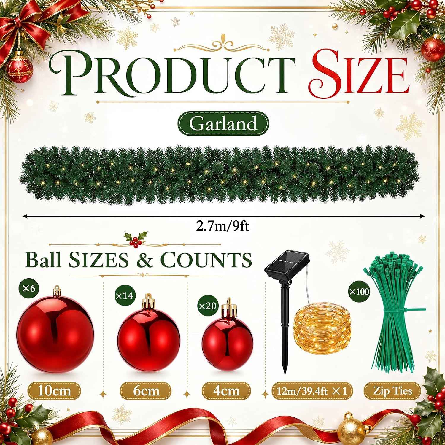 Knitgrip 2 Pack 9ft Christmas Garland Fence Decorations Outdoor with with Solar Light, 40 Pcs Red Balls Ornaments and 100 Pcs Cable Ties for Patio Eaves Railing Porch Door Staircase Yard Holiday