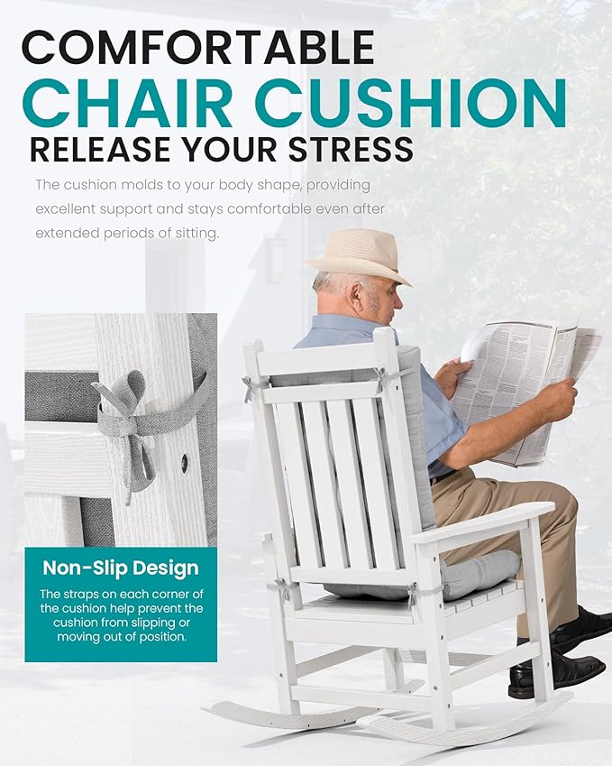SERWALL HDPE Outdoor Rocking Chair Cushion Set of 2, Memory Foam Cushion Gray - Image 4