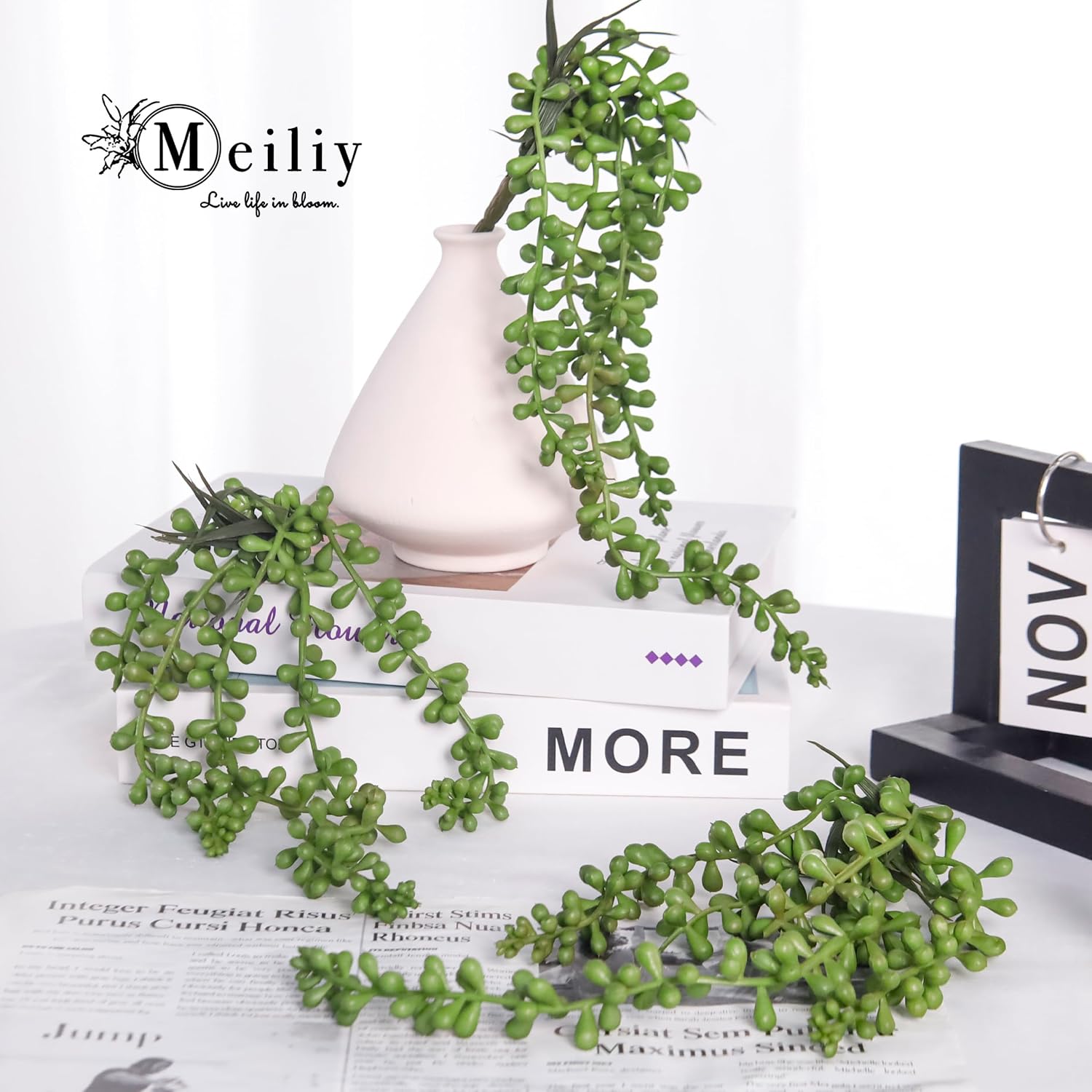 Meiliy 4pcs Artificial Succulent Plants Hanging Succulent Plants Faux Succulents Unpotted Branch String of Pearls Plant for Home Kitchen Office Wedding Garden Craft Art Indoor Decor | Soft rubber faux hanging succulents with natural tones and gentle dr...