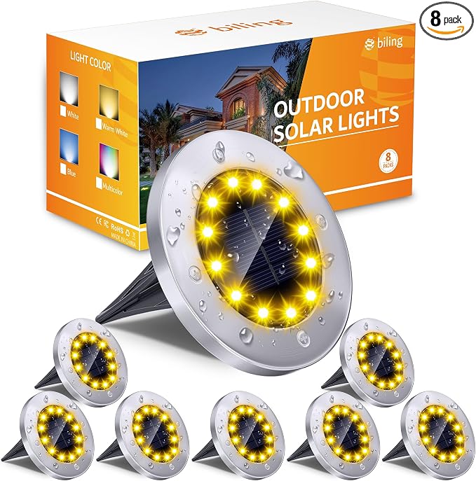 Biling Solar Ground Lights Outdoor 8 Packs, Flat Bright 12 LEDs Solar Lights by biling