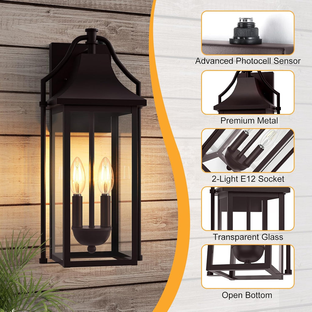 18IN Dusk to Dawn Outdoor Wall Sconce, 2-E12 Base Porch Light | Brown Waterproof Exterior Lantern, Modern Patio Light Fixture Mounted with Glass, Outside Light for House, ETL Listed