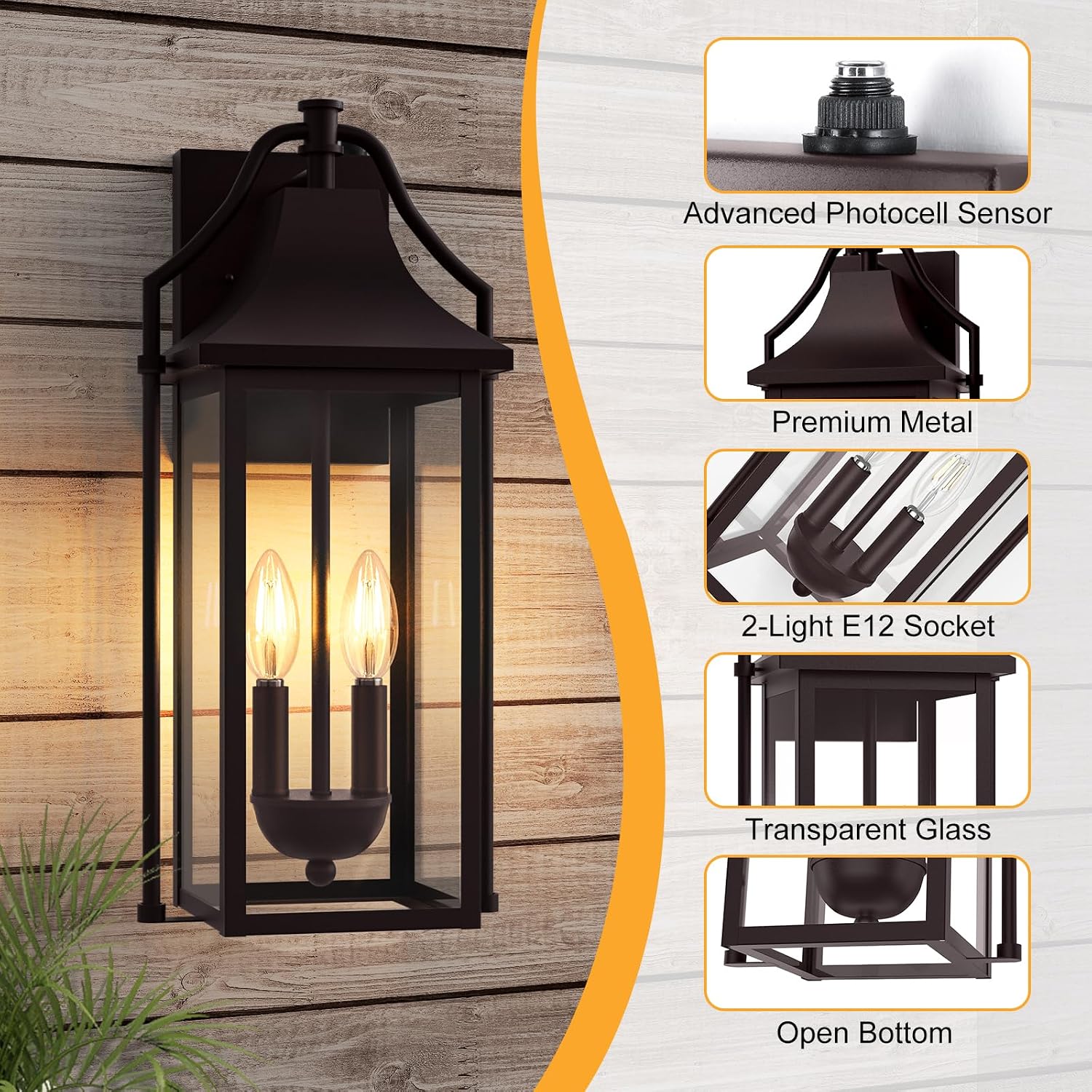 18IN Dusk to Dawn Outdoor Wall Sconce, 2-E12 Base Porch Light | Brown Waterproof Exterior Lantern, Modern Patio Light Fixture Mounted with Glass, Outside Light for House, ETL Listed