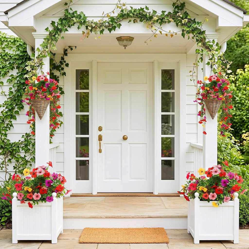 Artificial Flowers Hanging Plants 4 Pack Faux Vines Pothos Fern | UV Resistant Fake Plants for Indoor Outdoor Wall Decor Home Wedding Living Room Decorations Pink Purple Red Yellow