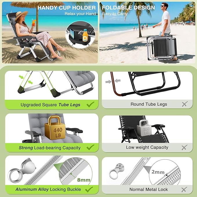 Suteck Zero Gravity Chair, Reclining Camping Lounge Chair w/Removable Cushion - Image 4