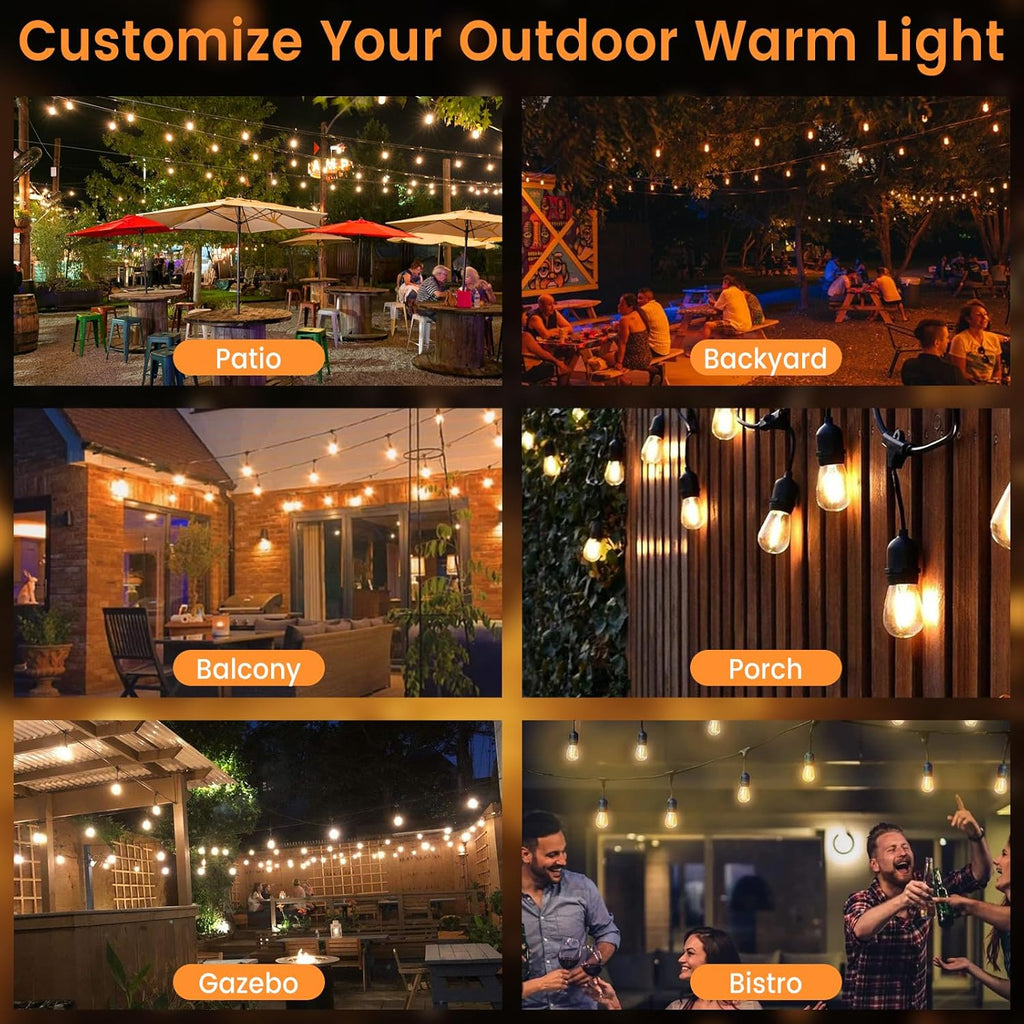 96ft Outdoor String Lights with Remote & Dimmer,48+4 Commercial Grade IP65 Waterproof Bulbs, 2700K Warm White,3 Lighting Modes & Timer,Includes 50 Cable Ties for Patio,Garden, Party（48FT*2）