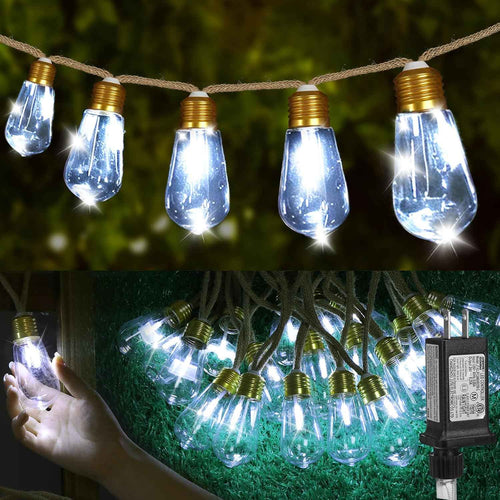 (New) Outdoor String Lights, 24FT LED Patio String Lights, UL-Plug Waterproof 8 Modes Rustic Hemp Rope String Lights, Shatterproof Plastic Bulbs for Backyard, Garden, Porch, Wedding, Christmas Decor