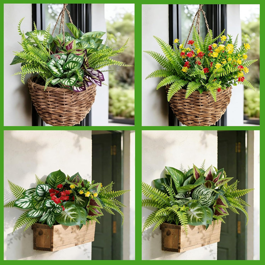 25 Bundles Outdoor Artificial Plants and Flowers Greenery Stems UV Resistant Fake Stems Plastic Leaves for Front Porch Home Decor Garden Porch Planter Window Box