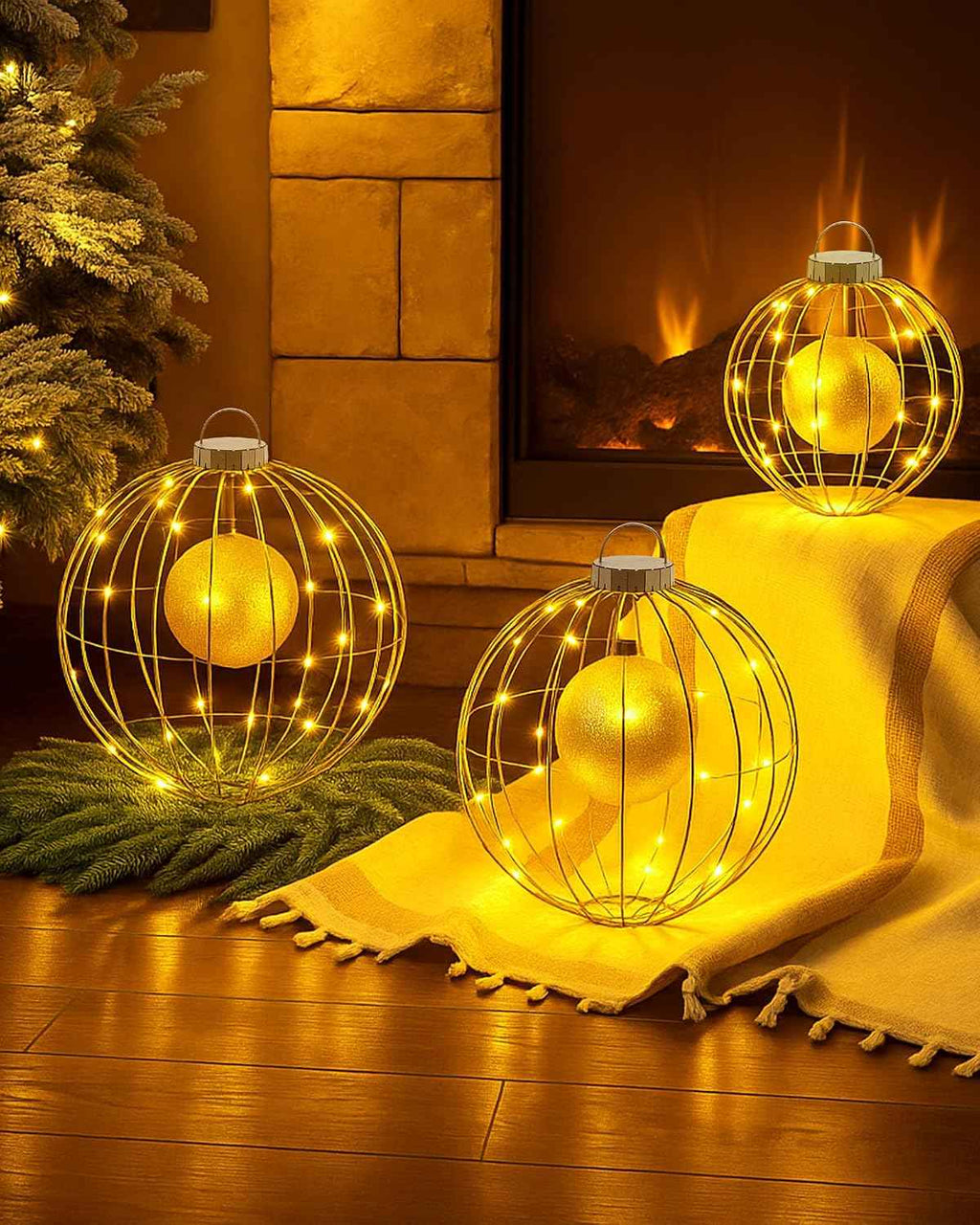 Lineshading Set of 3 Christmas LED Light Balls Outdoor Decorations, Hanging Christmas Front Door Yard Twinkle Ornaments Set Sphere Light Decorations for Xmas Holiday Garden Patio Outside Decor, Warm