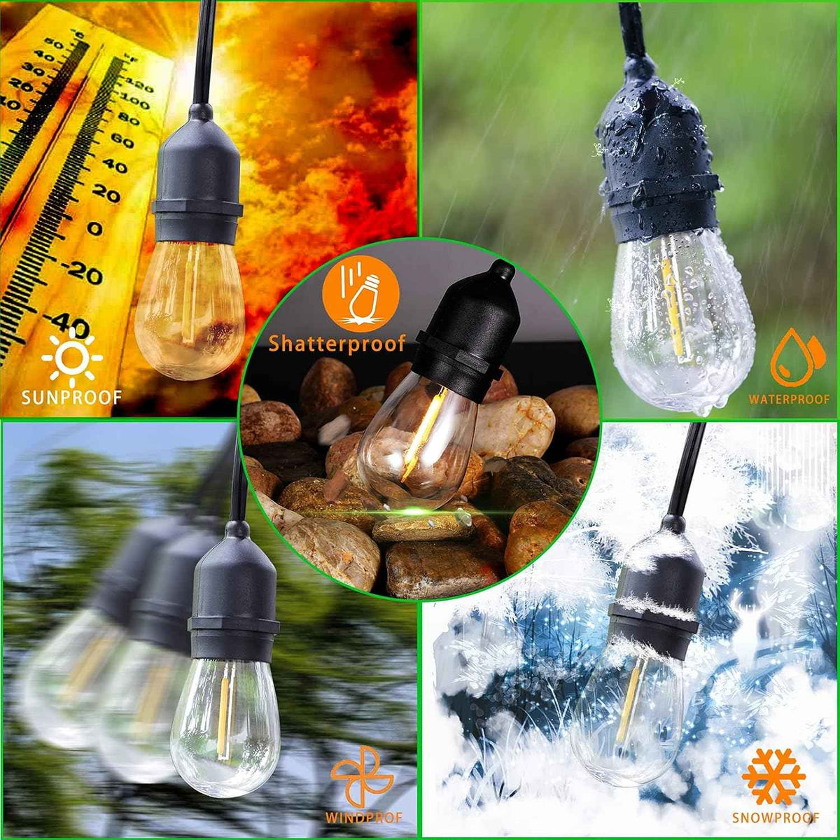 𝟒𝟖𝑭𝑻 LED Outdoor String Lights with 𝟮𝟰 Weatherproof Shatterproof Edison 𝑳𝑬𝑫 𝑩𝒖𝒍𝒃𝒔(2 𝑺𝒑𝒂𝒓𝒆)，Commercial Grade Waterproof Hanging Lights for Backyard Porch Balcony Party