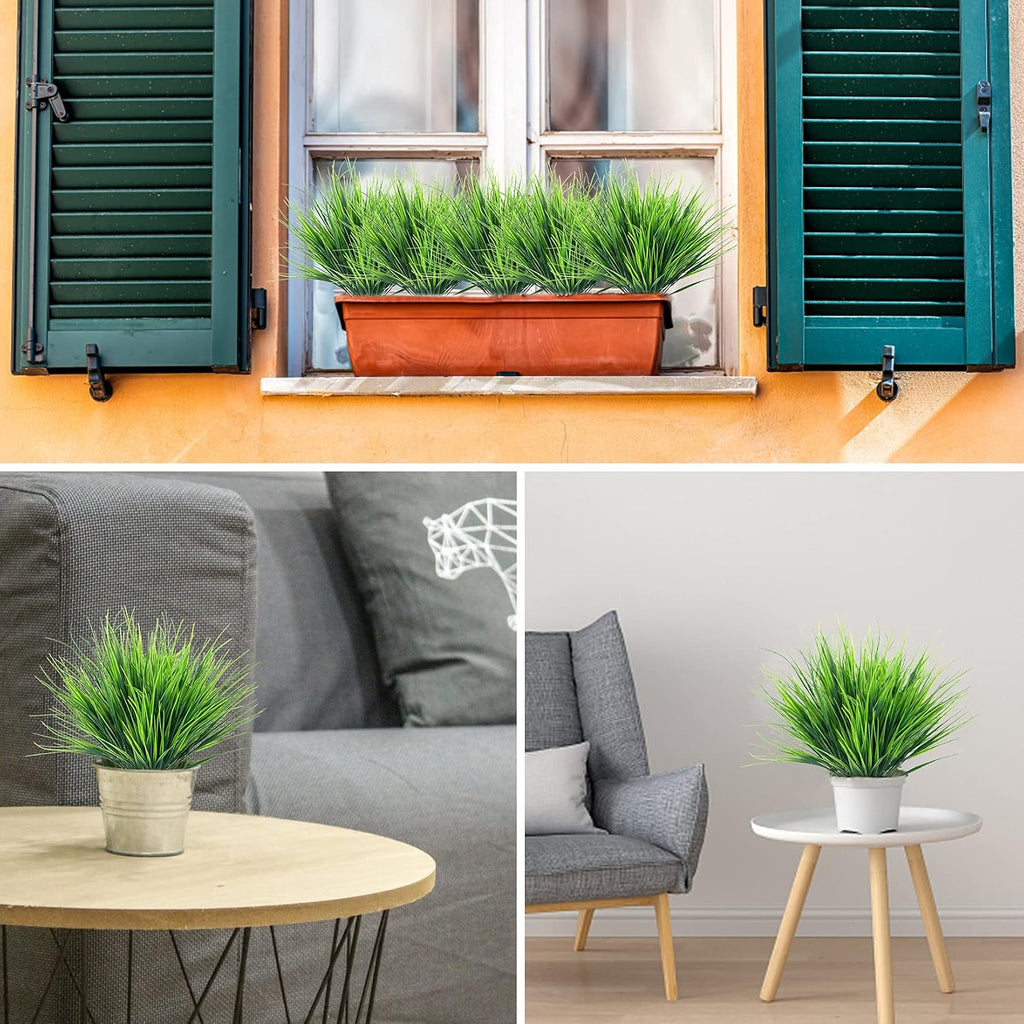 Ouddy Decor 12 Pcs Artificial Plants Outdoors Fake Greenery Stems, Green | Fake wheat grass, realistic, plastic shrubs, UV resistant, patio garden yard porch window planter box indoor home decor