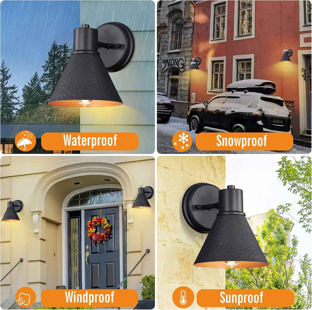 2 Pack Outdoor Wall Sconces,Wall Lights Fixture Exterior Farmhouse Lamps | Porch Light with Hammered Metal Shade,Anti-Rust Waterproof Black Outside Barn Light for Front Porch Patio Garage Gazebo House