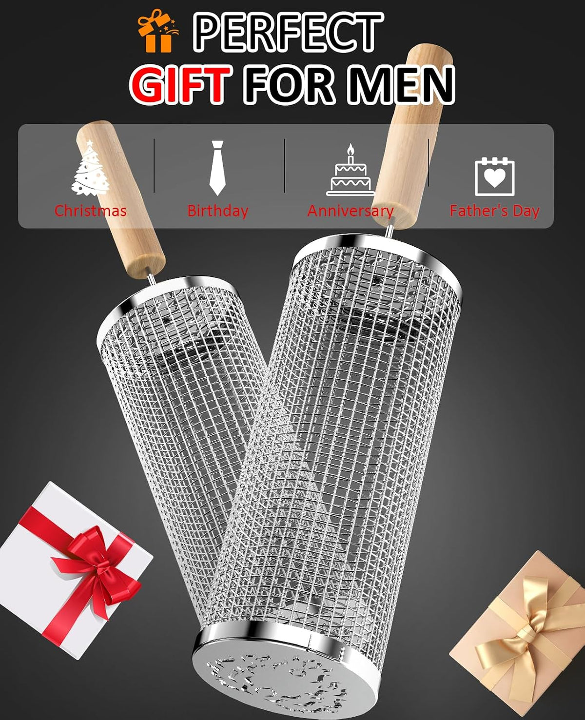 Rolling Grill Basket, Grill Gift for Men, Removable Wooden Handle, 304 Stainless Steel, Nesting BBQ Tools for Vegetable, Outdoor Smoker Camping Accessories, Ideal Gifts for Men Dad Husband Birthday