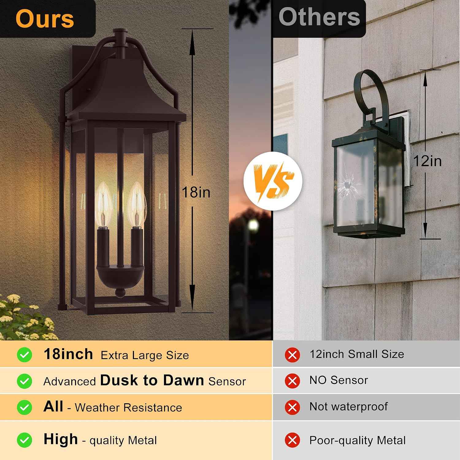 18IN Dusk to Dawn Outdoor Wall Sconce, 2-E12 Base Porch Light | Brown Waterproof Exterior Lantern, Modern Patio Light Fixture Mounted with Glass, Outside Light for House, ETL Listed