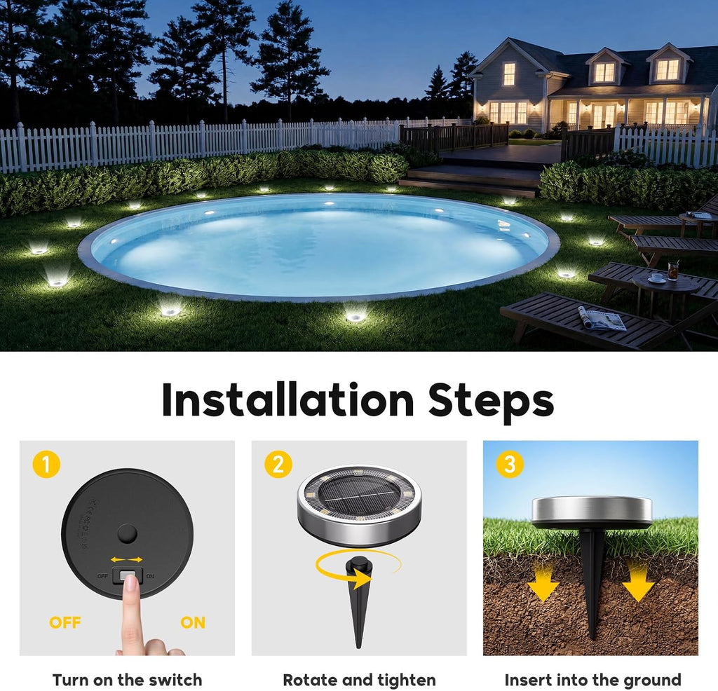6 Pack Solar Lights Outdoor Waterproof, 8 LED Solar Ground Lights | Flat Solar Disc Light Landscape Lighting for Pathway Garden Yard Walkway Driveway Lawn, Cool White