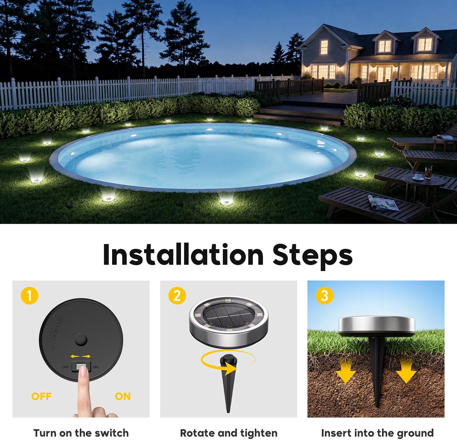 6 Pack Solar Lights Outdoor Waterproof, 8 LED Solar Ground Lights | Flat Solar Disc Light Landscape Lighting for Pathway Garden Yard Walkway Driveway Lawn, Cool White