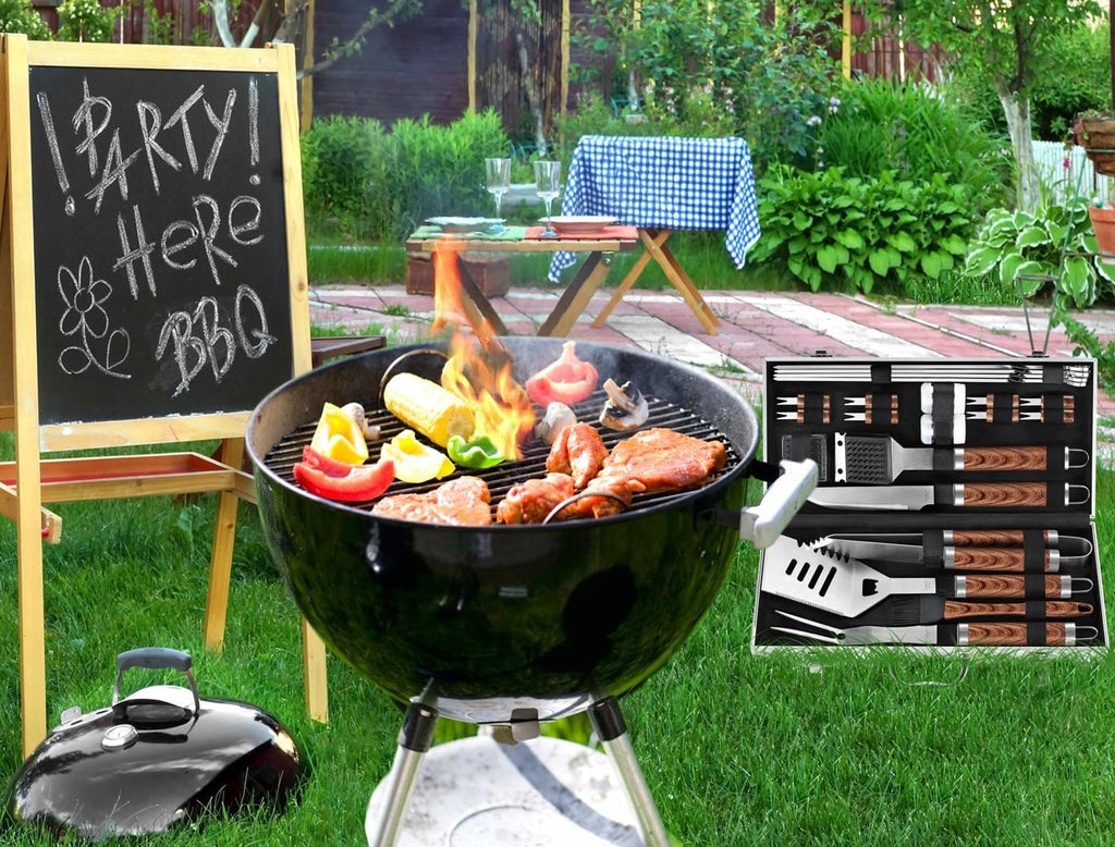 POLIGO 22PCS Heavy Duty BBQ Grill Accessories Set, Non-Slip Grill Tools for Outdoor Grill Set Stainless Steel Grill Utensils Set, Deluxe Grilling Tools Set in Aluminum Case Ideal Gifts for Men Brown