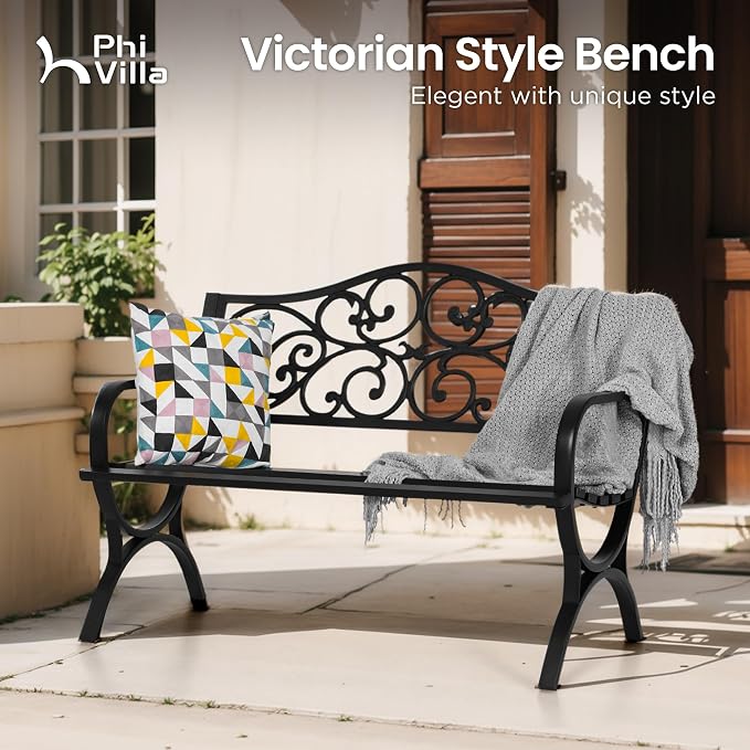 PHI VILLA 50-Inch Cast Iron Steel Frame Garden Bench Outdoor Patio Bench Chair - Image 3
