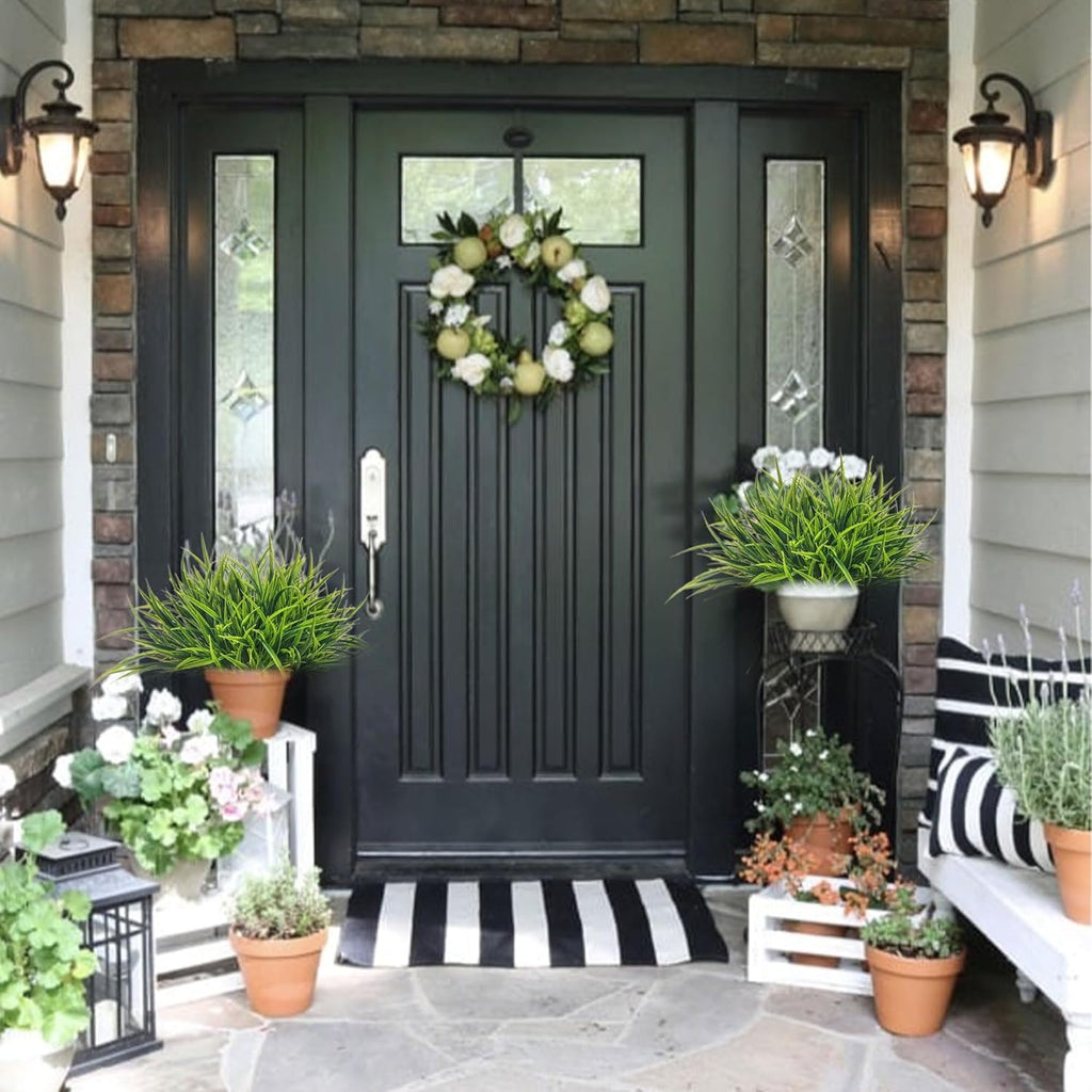 12 Bundles Artificial Greenery Outdoor Shrubs Faux Plants Fake Grasses | UV Resistant, Faux Plastic Greenery, Home Garden Pathway Window Box Front Porch, Outdoor Decor