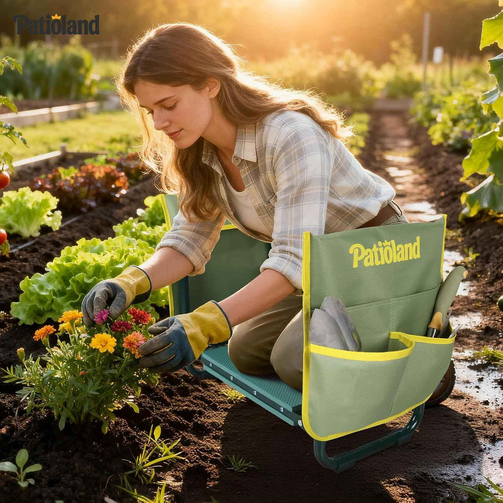 Garden Kneeler and Seat, Gardening Workseat with Tool Pouch and HandBag | 2-in-1 Flip Bench for Yard Work, Folding Garden Stool for Senior, 10.2" Widen Kneeling Pad, Gardening Gift for Women Men