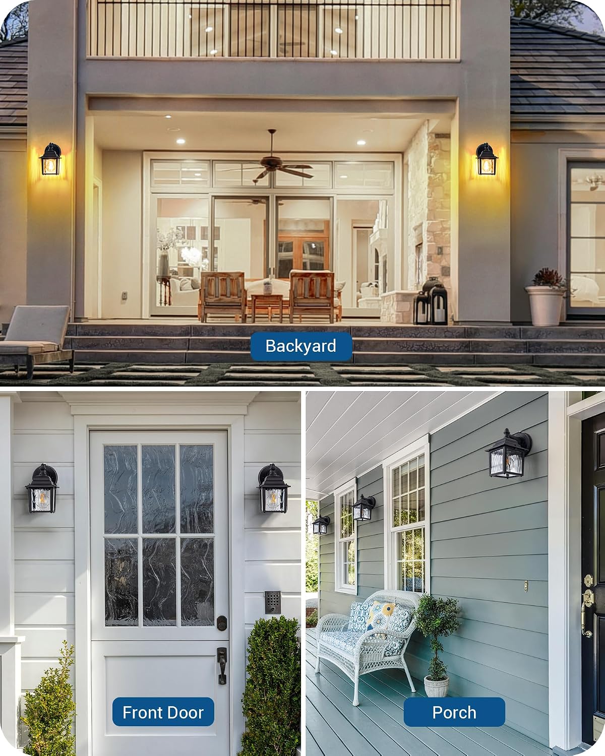 EDISHINE 2 Pack Outdoor Wall Lights, Modern Dusk to Dawn Black Porch Light | Clear Water Ripple Glass, Anti-Rust Aluminum, Standard E26 Socket, Waterproof Exterior Lighting Fixtures for Front Door