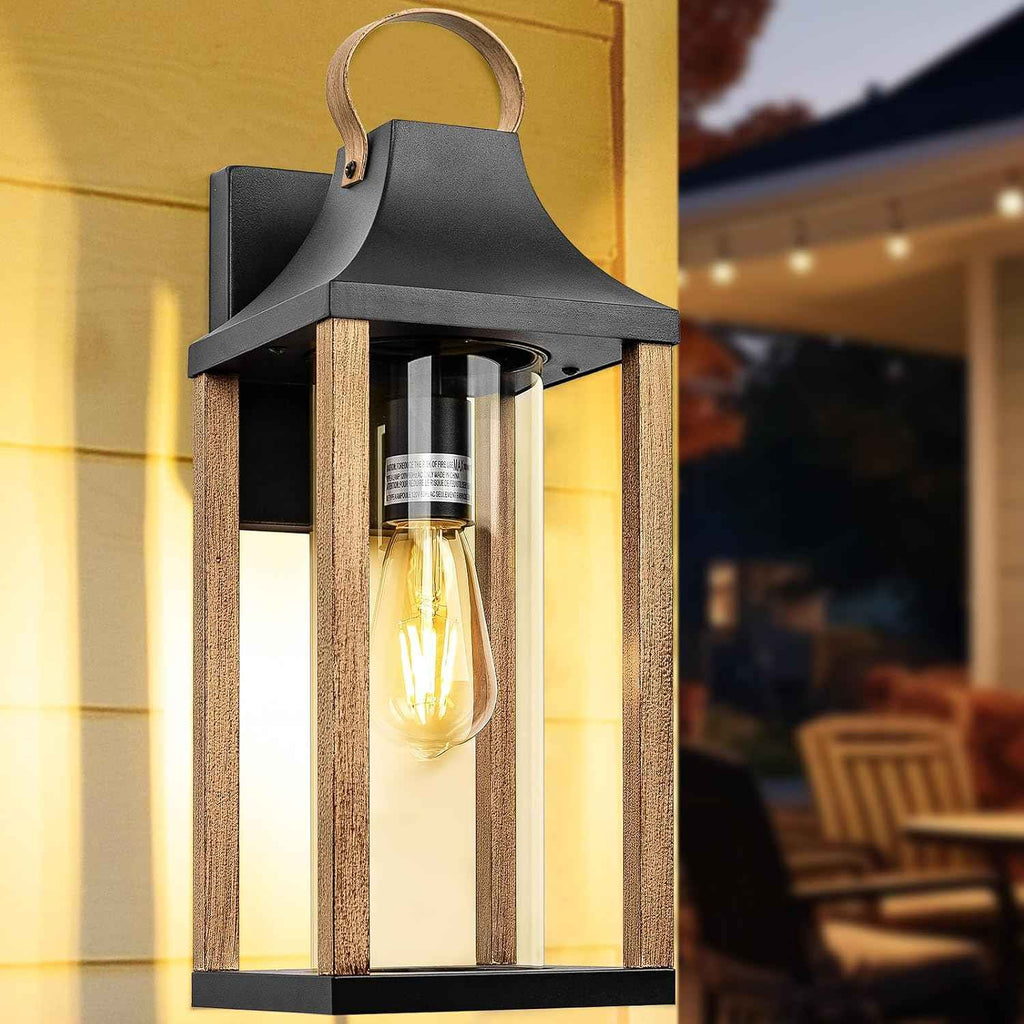 Outdoor Wall Light Rustic Wood Cylindrical Glass 17” Large | 1 Pack Exterior Wall Sconce, Farmhouse Porch Light Fixture Outside IP65 Waterproof, Patio Porch Courtyard, ETL List