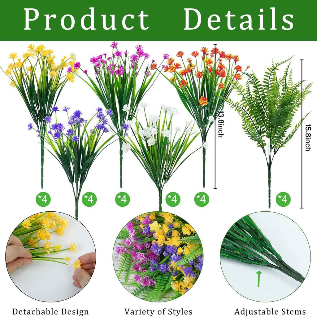 Ouddy Decor 24 Bundles Artificial Flowers for Outdoors Decor, Mixed Color | Fake plastic flowers, faux boston fern plants, greenery stems, UV resistant, indoor outdoor garden patio table home decor