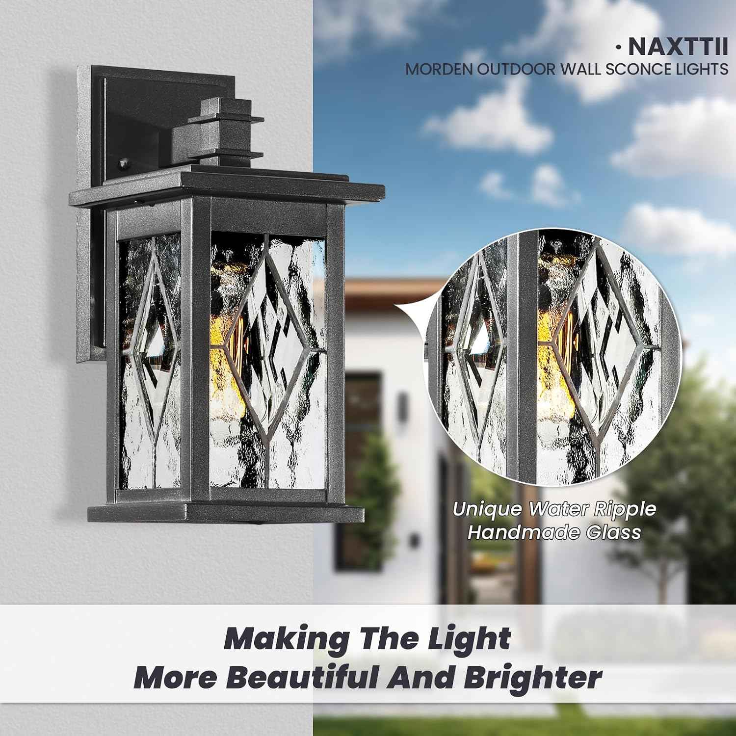 Outdoor Wall Lights Matte Black Outside Light Fixtures for House | Aluminum Outdoor Porch Lighting with Handmade Solder Glass, Waterproof Garage Lights, E26 Socket and UL Listed