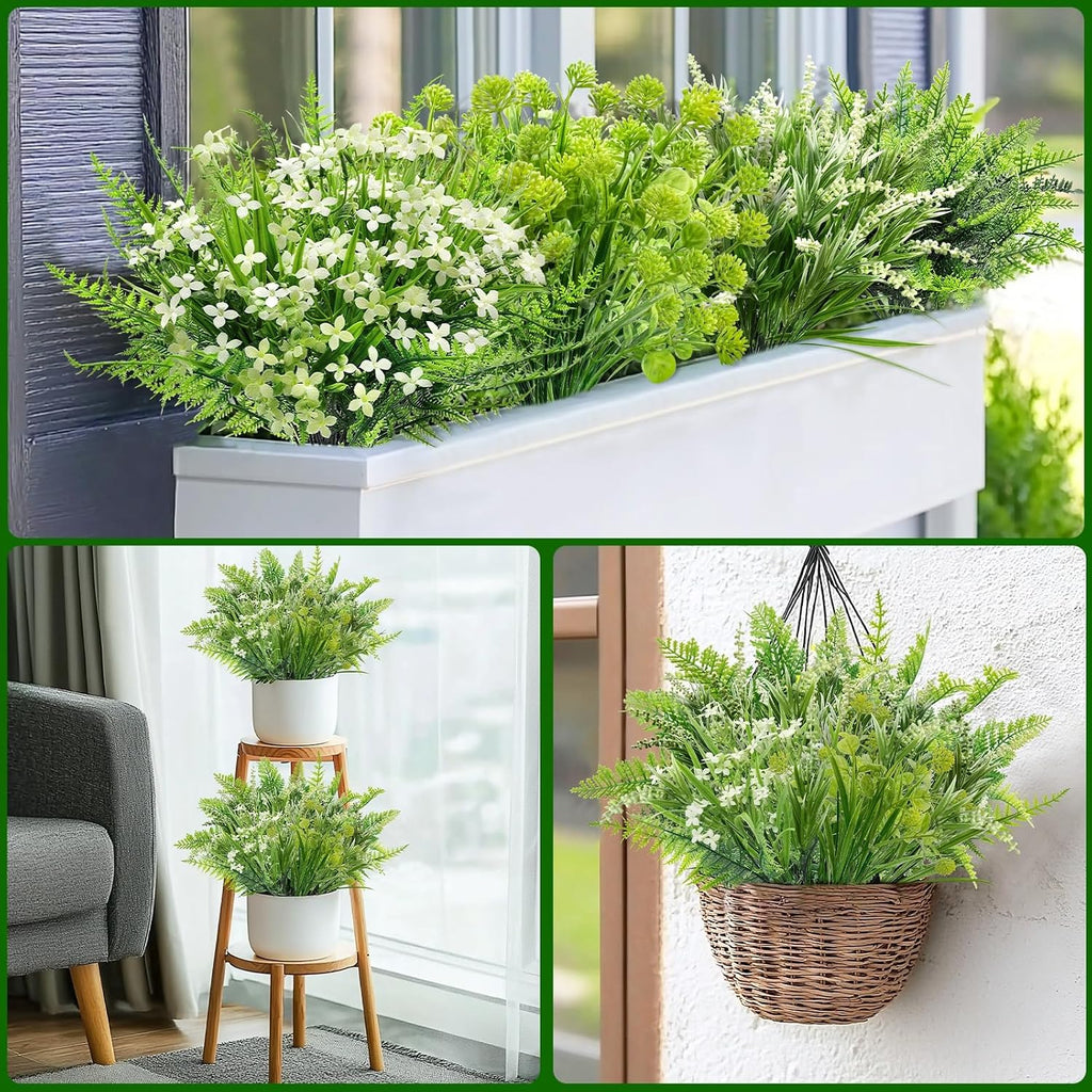 TURNMEON Artificial Plants Outdoor Fake Plants UV Resistant No Fade 12 Bundles 4 Styles Faux Plant Plastic Greenery Shrubs Boston Fern Lavender for Outside Gardens Porch Patio Indoor Home Decor