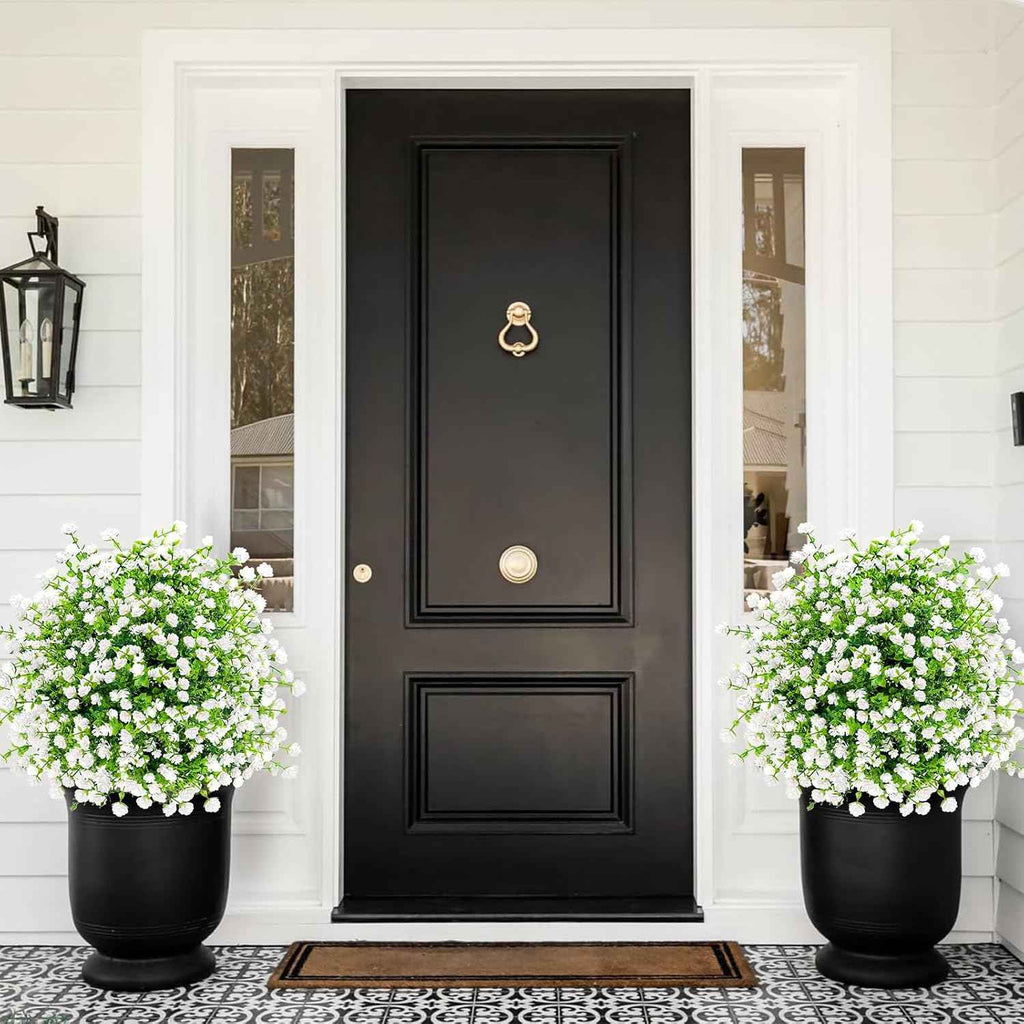 ENVEN White Artificial Flowers for Outdoors, 2 Pack | UV Resistant | 63-Stem Fake Greenery Bushes with Ground Stakes for Garden, Porch, Patio Decor (White Green)
