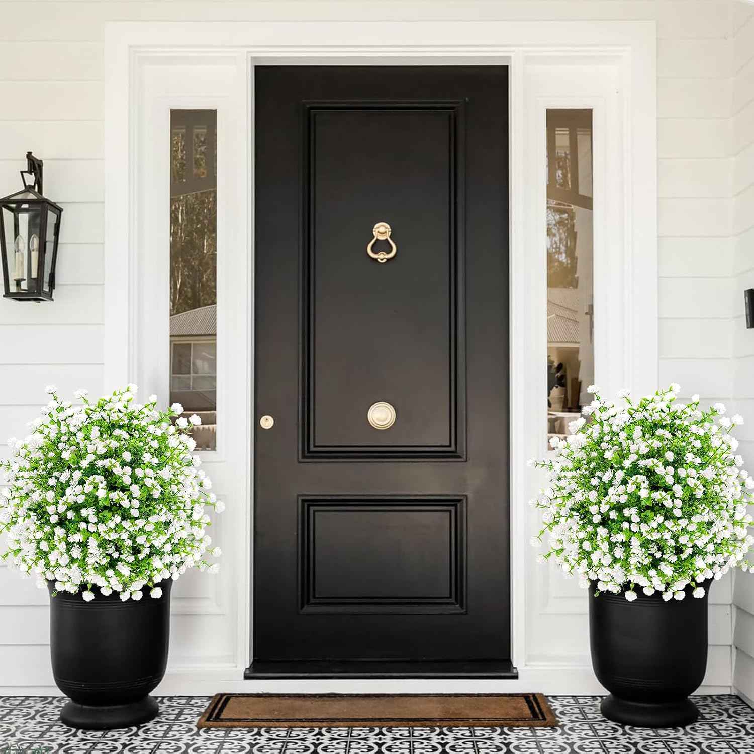 ENVEN White Artificial Flowers for Outdoors, 2 Pack | UV Resistant | 63-Stem Fake Greenery Bushes with Ground Stakes for Garden, Porch, Patio Decor (White Green)