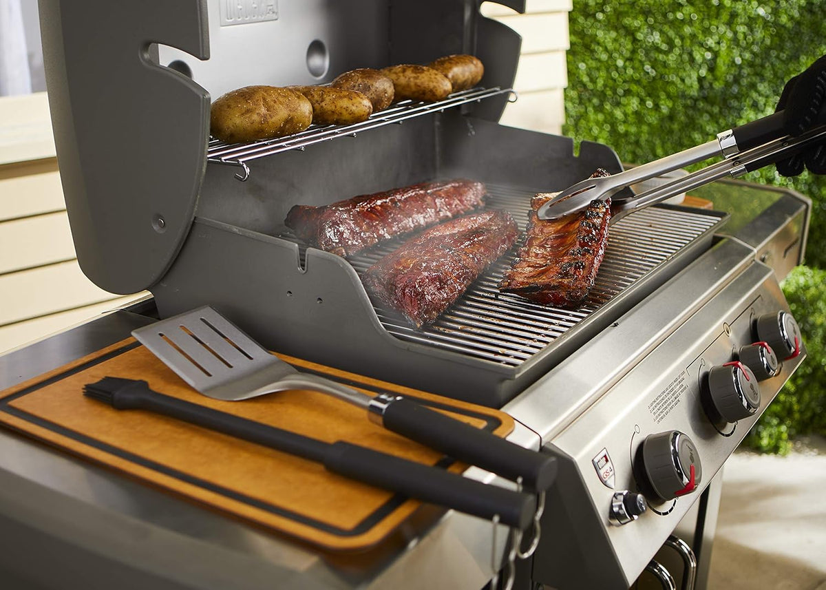Weber® Precision Grilling Tool Set, 3‑Piece | Weber® Stainless-Steel Tongs, Spatula & Silicone Basting Brush w/ Non‑Slip Handles & Hands‑Free Locking - Grill Accessory Kit