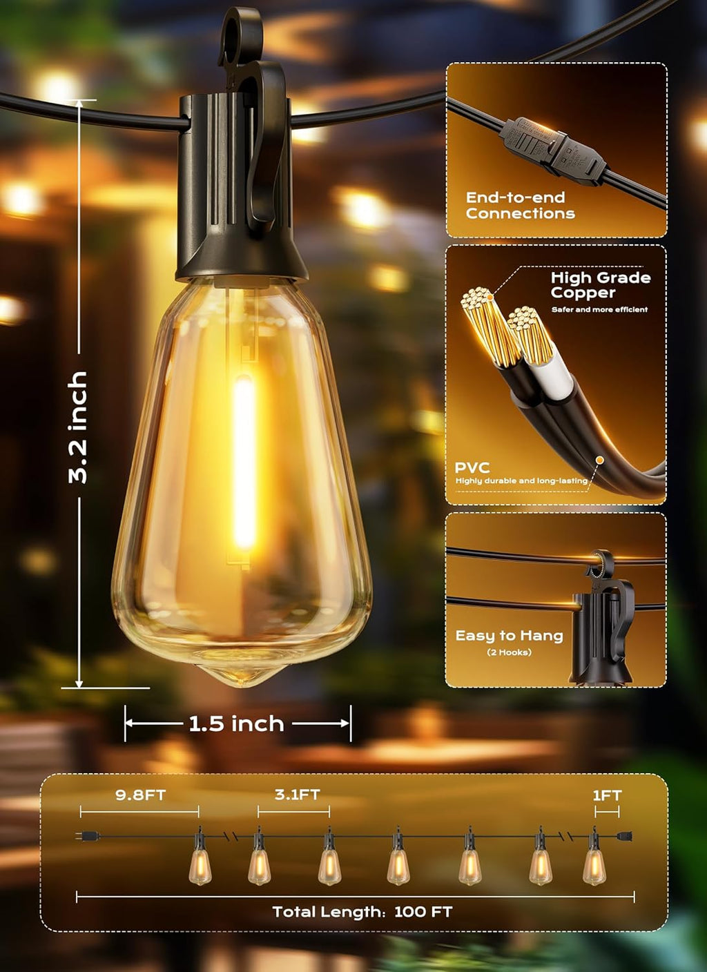 Brightown Outdoor String Lights Patio Lights 100FT ST38 Waterproof Dimmable | Connectable Shatterproof LED Christmas Lights, Hanging Outside Light for Backyard, Porch, Deck, Balcony, Garden, Home Decor
