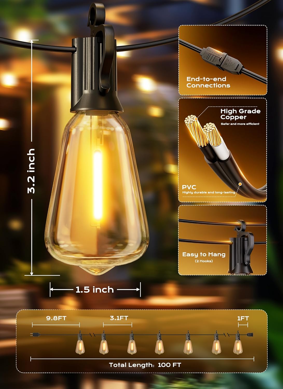 Brightown Outdoor String Lights Patio Lights 100FT ST38 Waterproof Dimmable | Connectable Shatterproof LED Christmas Lights, Hanging Outside Light for Backyard, Porch, Deck, Balcony, Garden, Home Decor
