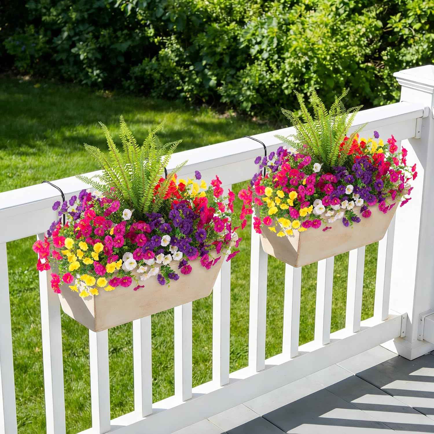 Artificial Flowers Fake Plants for Outdoors Decoration, 12 Bundles Silk Morning Glory with Boston Fern Realistic UV Resistant Faux Flowers for Outside Planter Yard Patio Garden Home Indoor Urn
