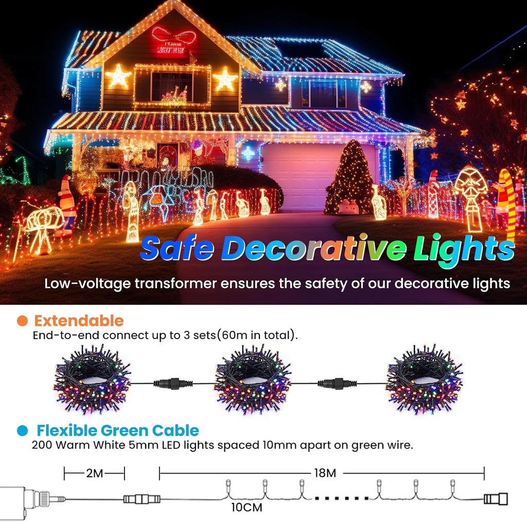JTSIOV 65ft/20M Christmas Tree Lights, 8 Modes Outdoor Fairy Lights, Waterproof Outdoor String Lights Mains Powered for Bedroom, Garden, Party, Wedding, Christmas Decoration