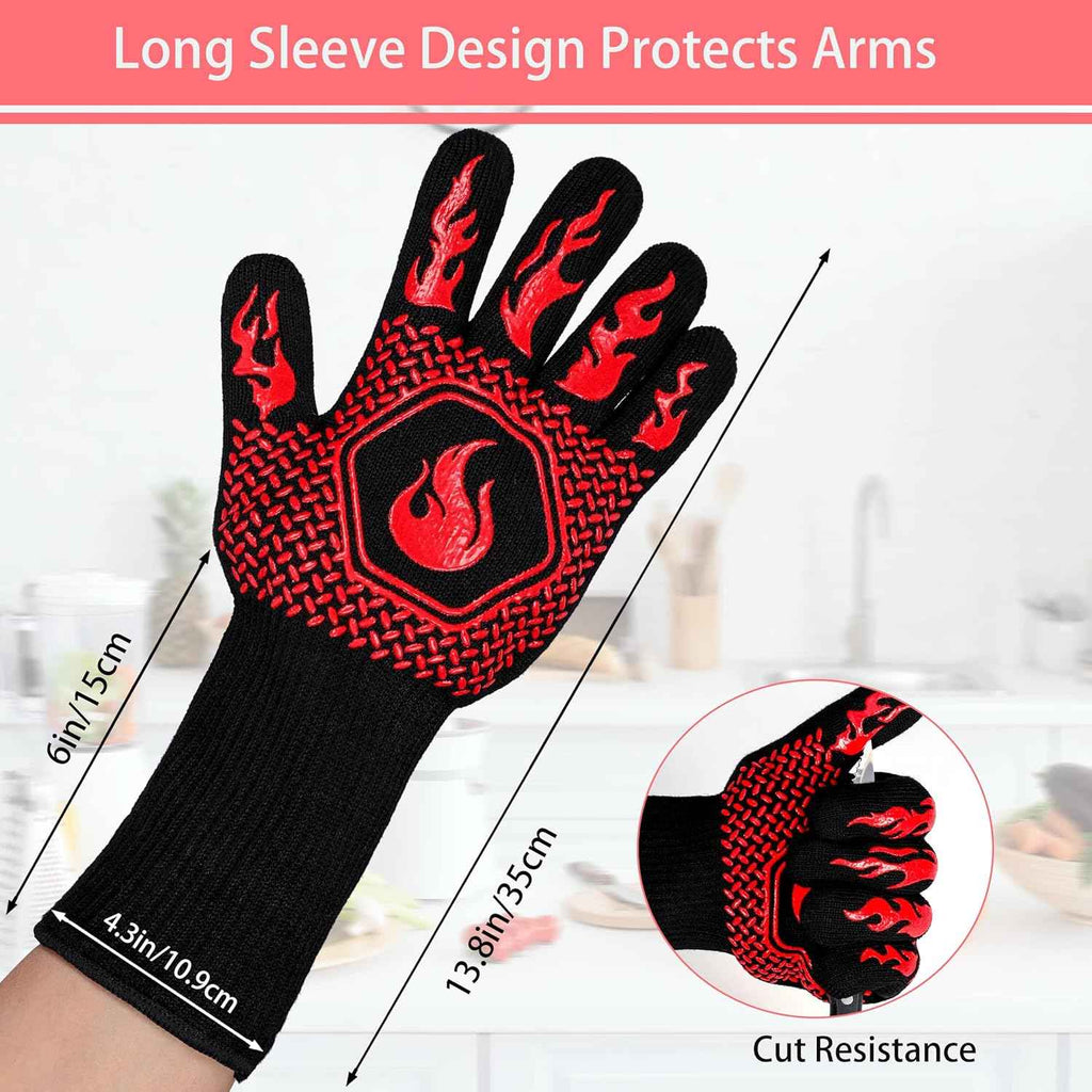 BBQ Gloves 1472F Heat Resistant Non-Slip Silicone 13.8in (Red) | Grill Cut-Resistant, Oven Kitchen Safe for Barbecue, Cooking, Frying, Oven Mitts