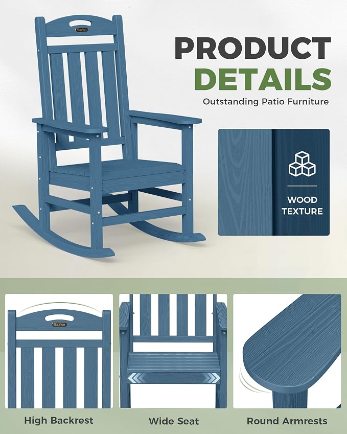Oversized Rocking Chair Outdoor, High Back Porch Rocker Chair, HDPE All Weather - Image 6