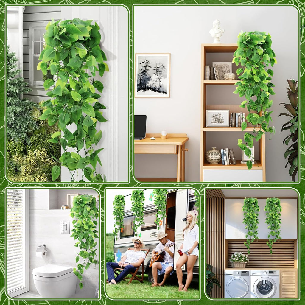 2-Pack Fake Hanging Plants, Faux Hanging Plant Artificial Greenery for Living Room Bedroom Boho Wall Shelf Indoor Outdoor Decor (Green Pothos Ivy Vines)