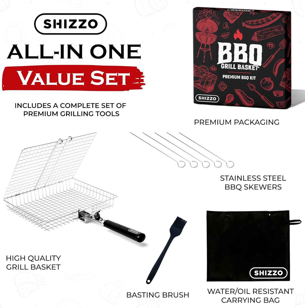 SHIZZO Grill Basket Gift Set with Skewers, Basting Brush, Gift Box | Removable Handle, Stainless Steel BBQ Grilling Rack for Fish Vegetables, Outdoor Camping Accessory, Gifts for Men Dad Husband