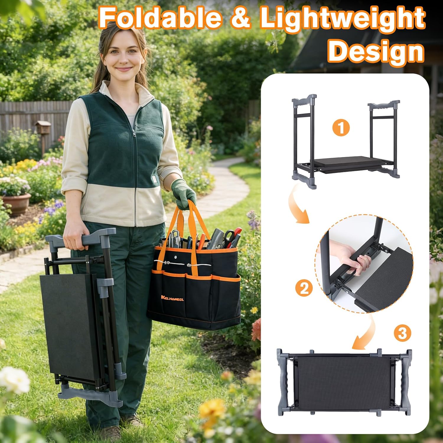 Garden Kneeler and Seat, Extra Wide Thick EVA Pad, Heavy Duty Foldable Garden Bench Holds 350lbs, Ergonomic Kneeling Stool with Garden Tool Pouches, Gardening Gifts for Women, Men & Seniors