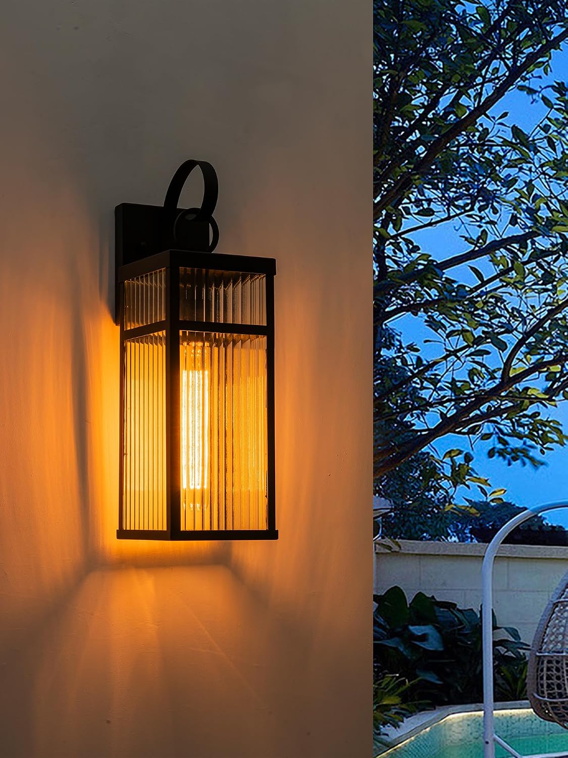 Outdoor Wall Lights, 16 inch Black Wall Sconce, Modern Exterior Lighting Fixture, Porch Lantern Wall Mount with Striped Glass for Patio, House,1 Pack