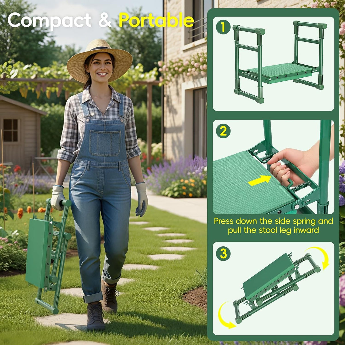 Housolution Garden Kneeler and Seat with Anti-Tipping Extendable Legs | Foldable and Portable Garden Stool with 2 Tool Bags, Thick Soft Kneeling Pad, Gardening Gifts for Women Men Seniors, Green