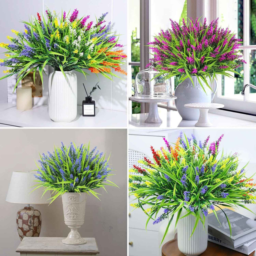 Ouddy Decor 24 Pcs Artificial Flowers for Outdoors Fake Lavender, Mixed | Realistic plastic flowers, faux monkey grass shrubs, UV resistant, for porch garden window box office home decorations