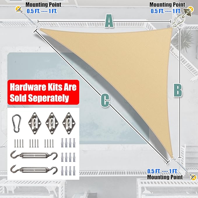 Amgo Custom Size 12' x 23' x 25.9' Beige Right Triangle Sun Shade Sail UPF50+ - Image 8