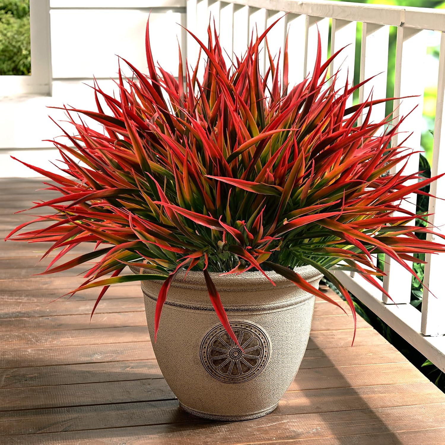 Waipfaru 12 Bundles Fake Plants Outdoor Artificial Grass Greenery Stems UV Resistant Faux Plants Shrubs for Home Garden Pathway Window Box Front Porch Spring Summer Decor (Gradient Red)