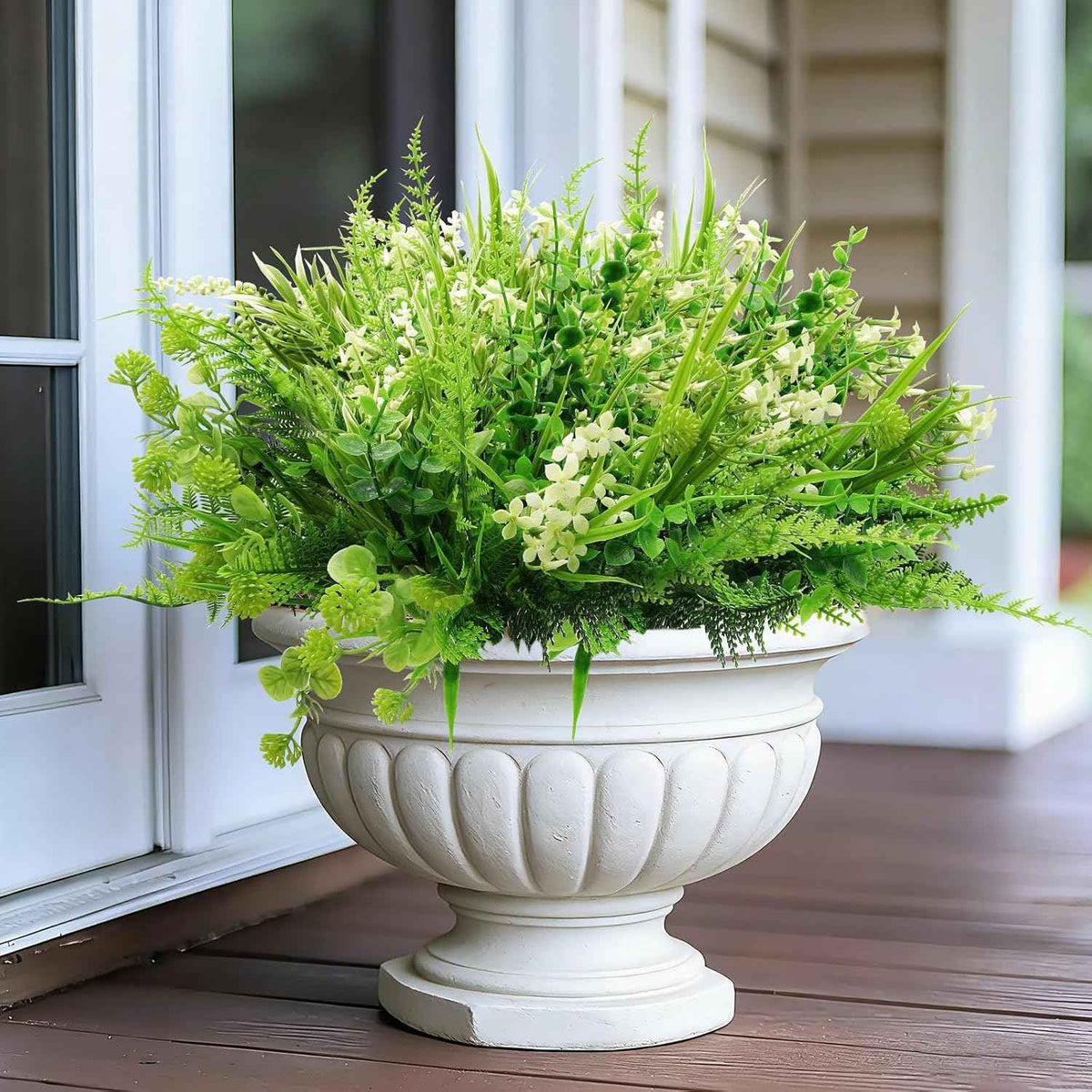 24 Bundles 6 Styles Artificial Plants Flowers for Outdoors Summer Decor | UV Resistant No Fade Faux Plants Plastic Greenery Shrubs, Fake Fern Lavender Boxwood for Garden Porch Yard Home Outdoor Decor