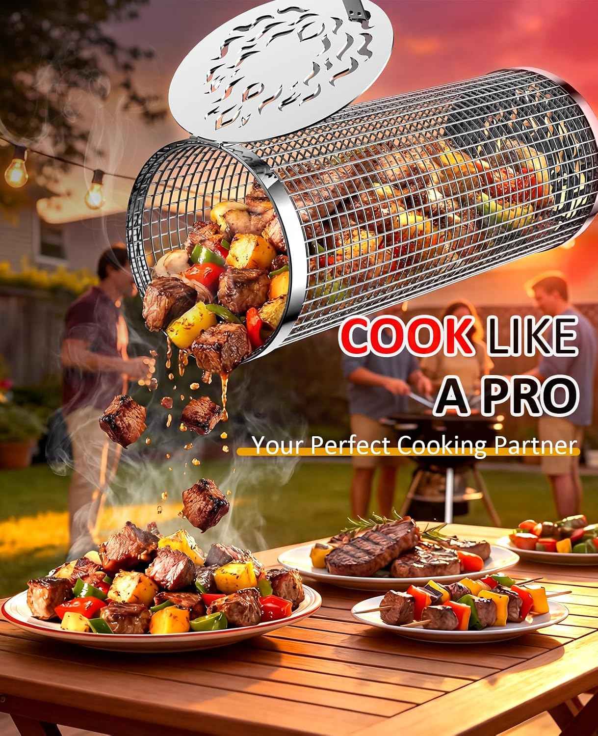 Rolling Grill Basket, Grill Gift for Men, Removable Wooden Handle, 304 Stainless Steel, Nesting BBQ Tools for Vegetable, Outdoor Smoker Camping Accessories, Ideal Gifts for Men Dad Husband Birthday