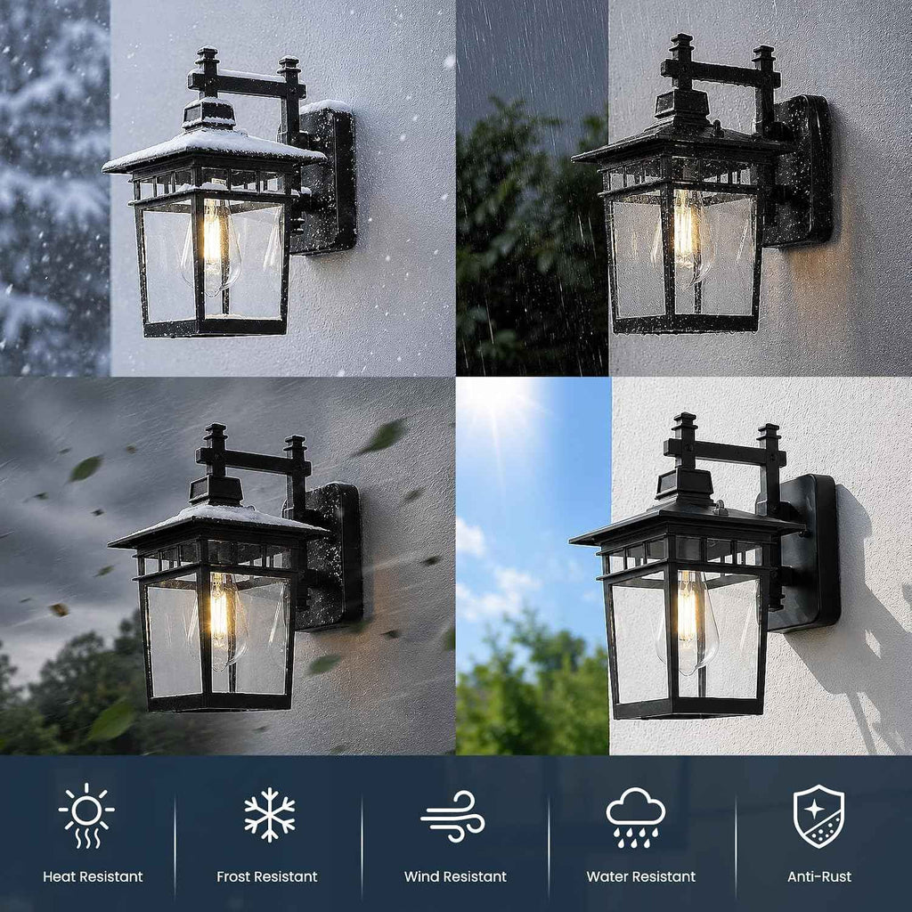13'' Black Medium Outdoor Wall Light Fixture with Closed Bottom | Waterproof Outdoor Porch Lights with Clear Glass Lampshade for House, Garage, Patio, Weather Resistance, E26 Base