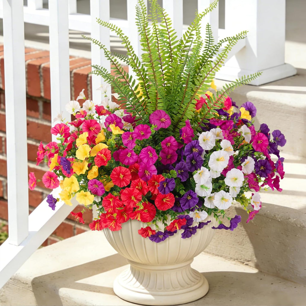 Artificial Flowers Fake Plants for Outdoors Decoration, 12 Bundles Silk Morning Glory with Boston Fern Realistic UV Resistant Faux Flowers for Outside Planter Yard Patio Garden Home Indoor Urn